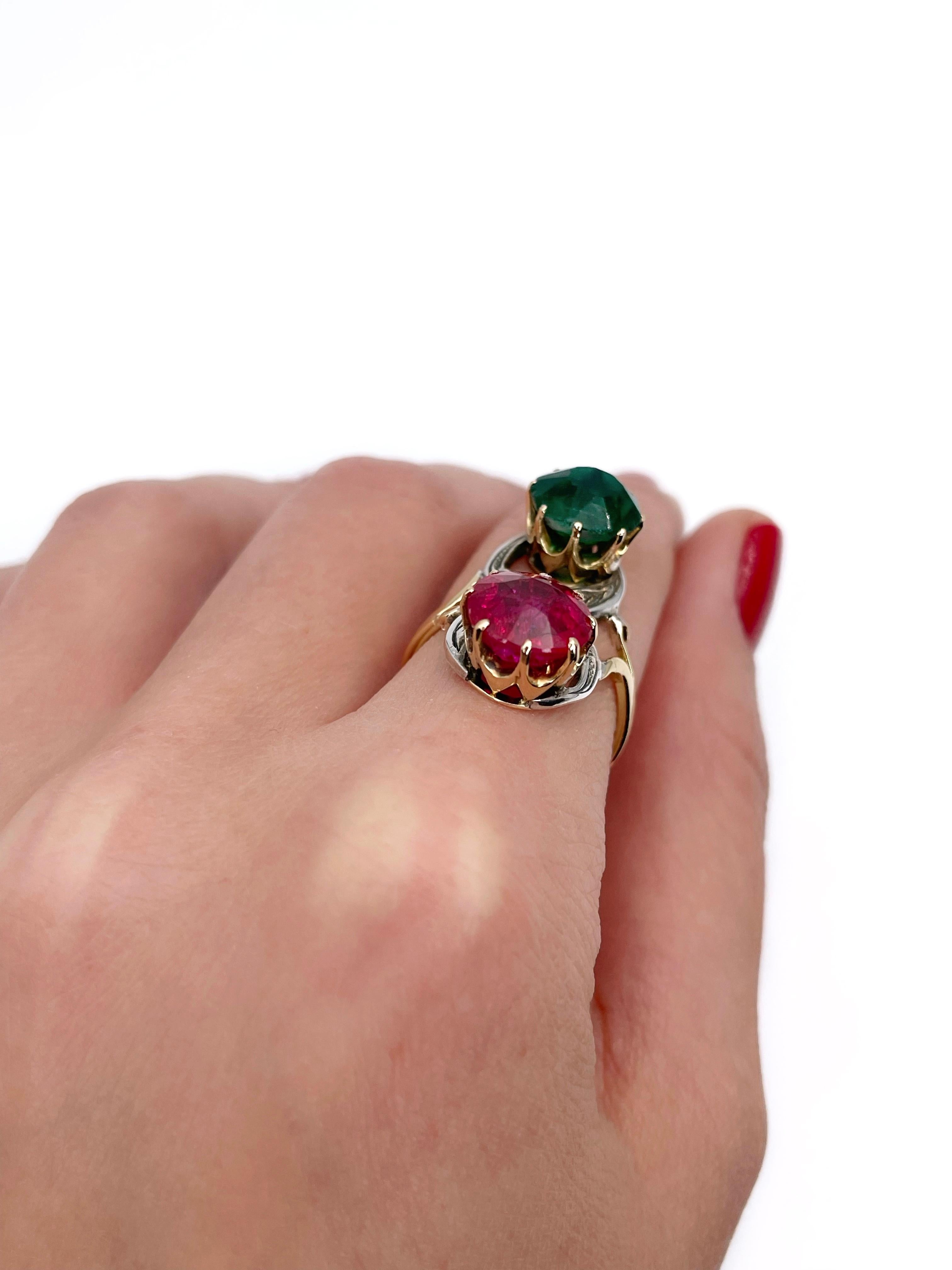 Vintage 14 Karat Gold 830 Silver Synthetic Ruby Emerald S-Shaped Ring 1