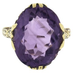 Ovaler lila Amethyst-Cocktailring mit Solitär-Gravur, 14 Karat Gold 9 Karat