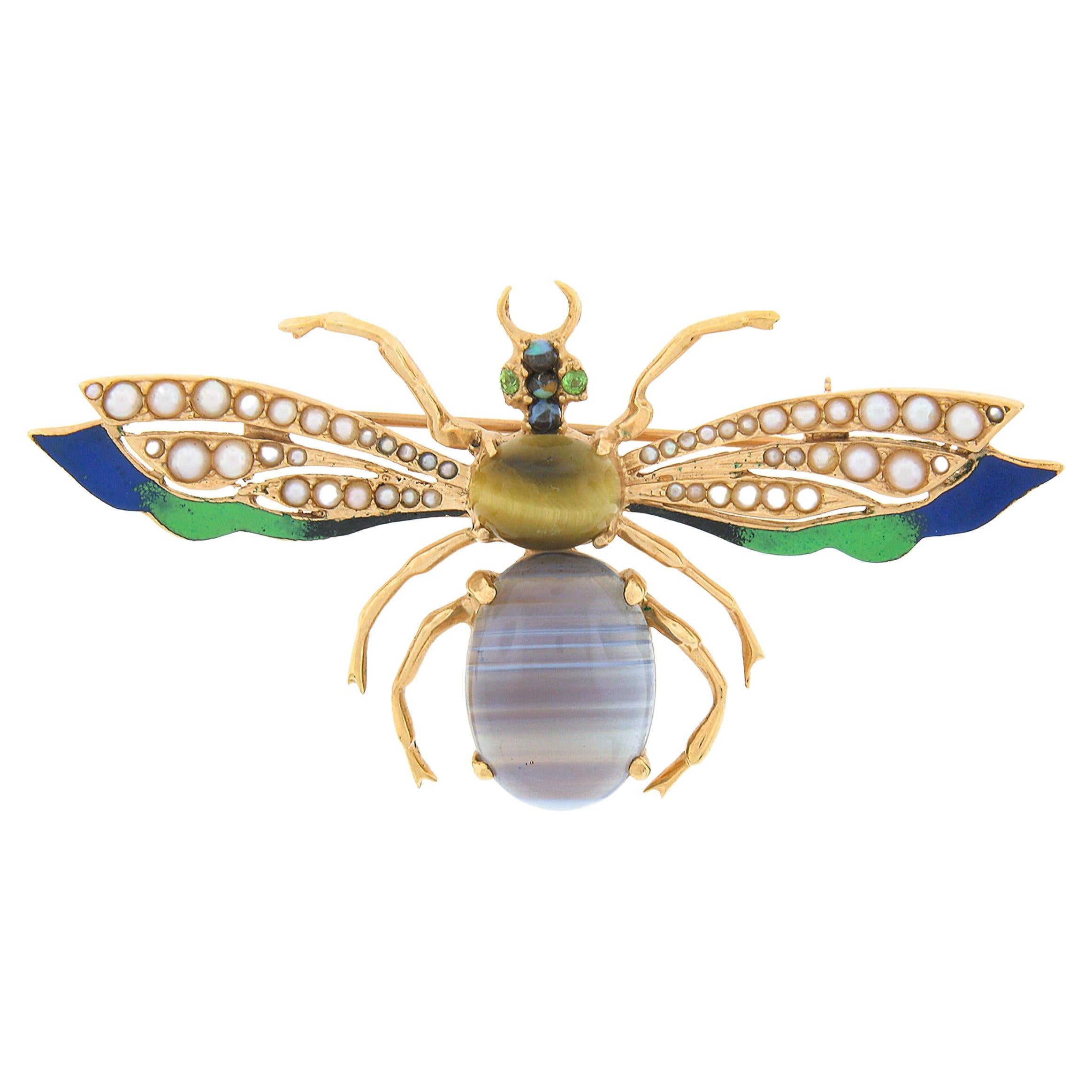 Vintage 14k Gold Agate Tigers Eye Pearl Green Blue Enamel Large Fly Brooch Pin For Sale