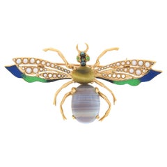 Vintage 14k Gold Agate Tigers Eye Pearl Green Blue Enamel Large Fly Brooch Pin