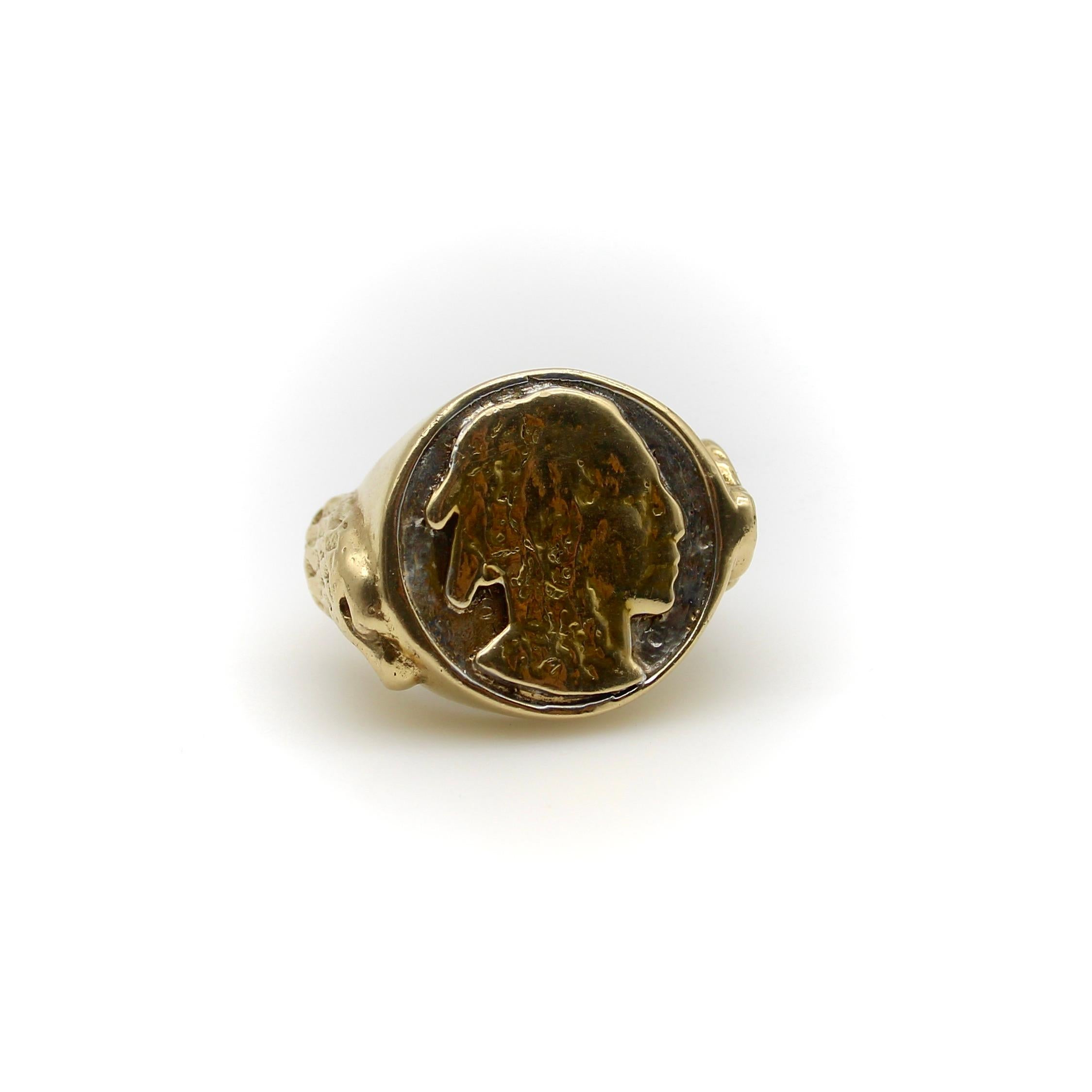 Modern Vintage 14K Gold American Indian Portrait Buffalo Nickel Ring  For Sale