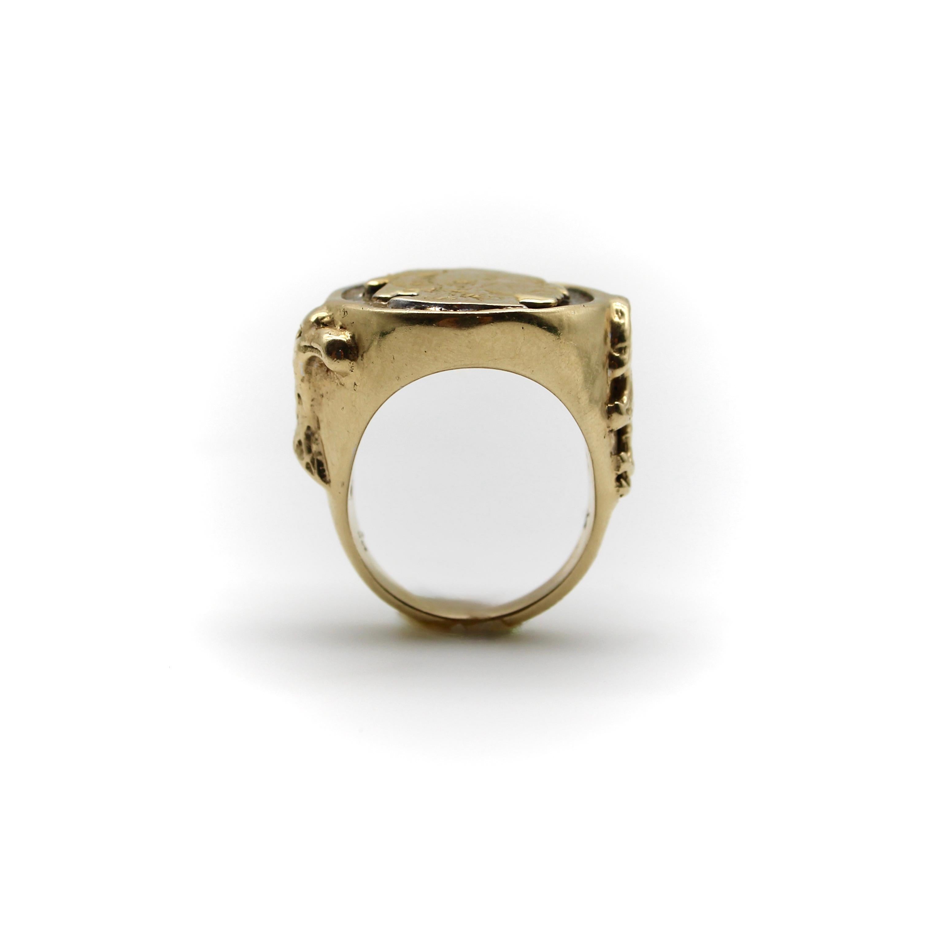 Modern Vintage 14K Gold American Indian Portrait Buffalo Nickel Ring For Sale