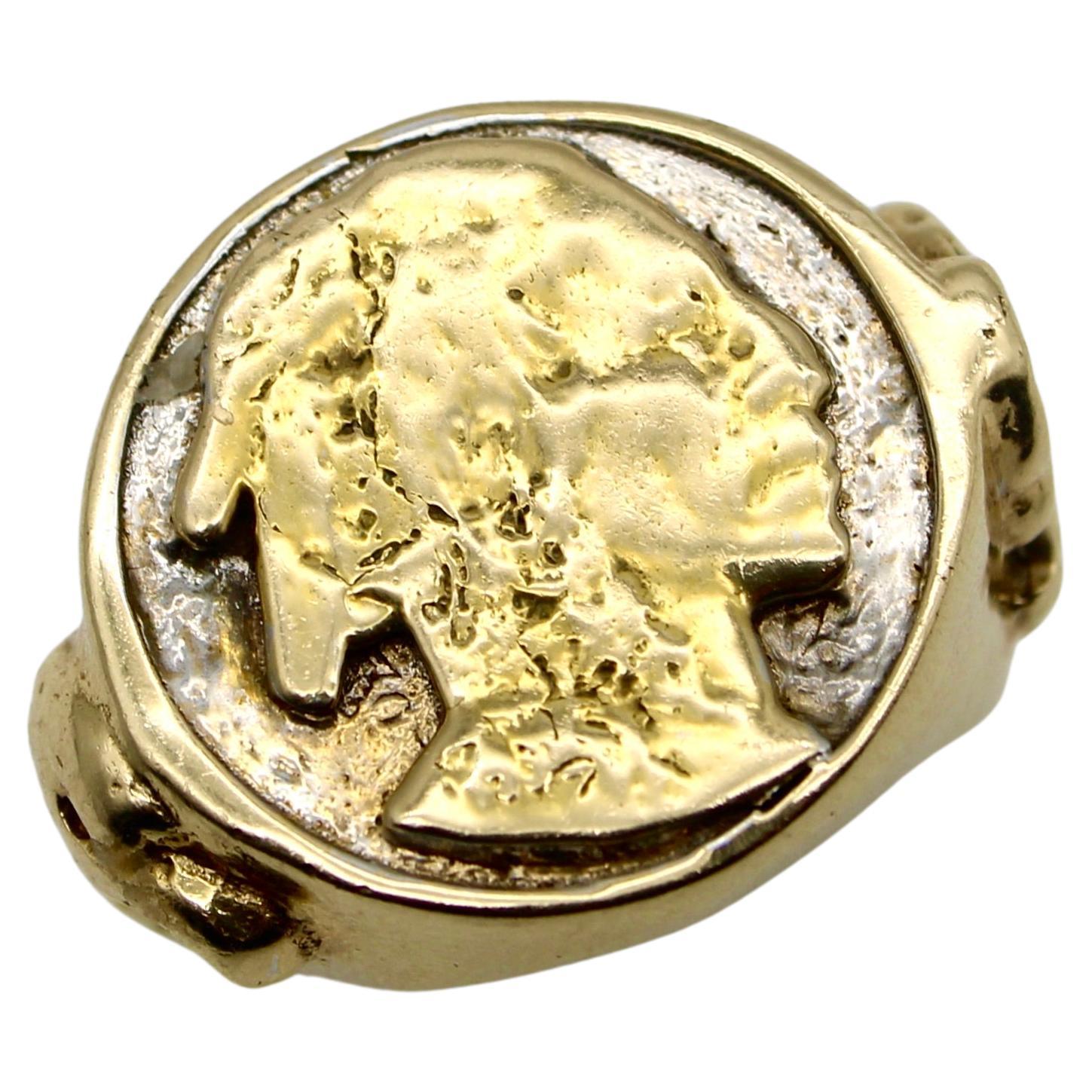 Vintage 14K Gold American Indian Portrait Buffalo Nickel Ring For Sale