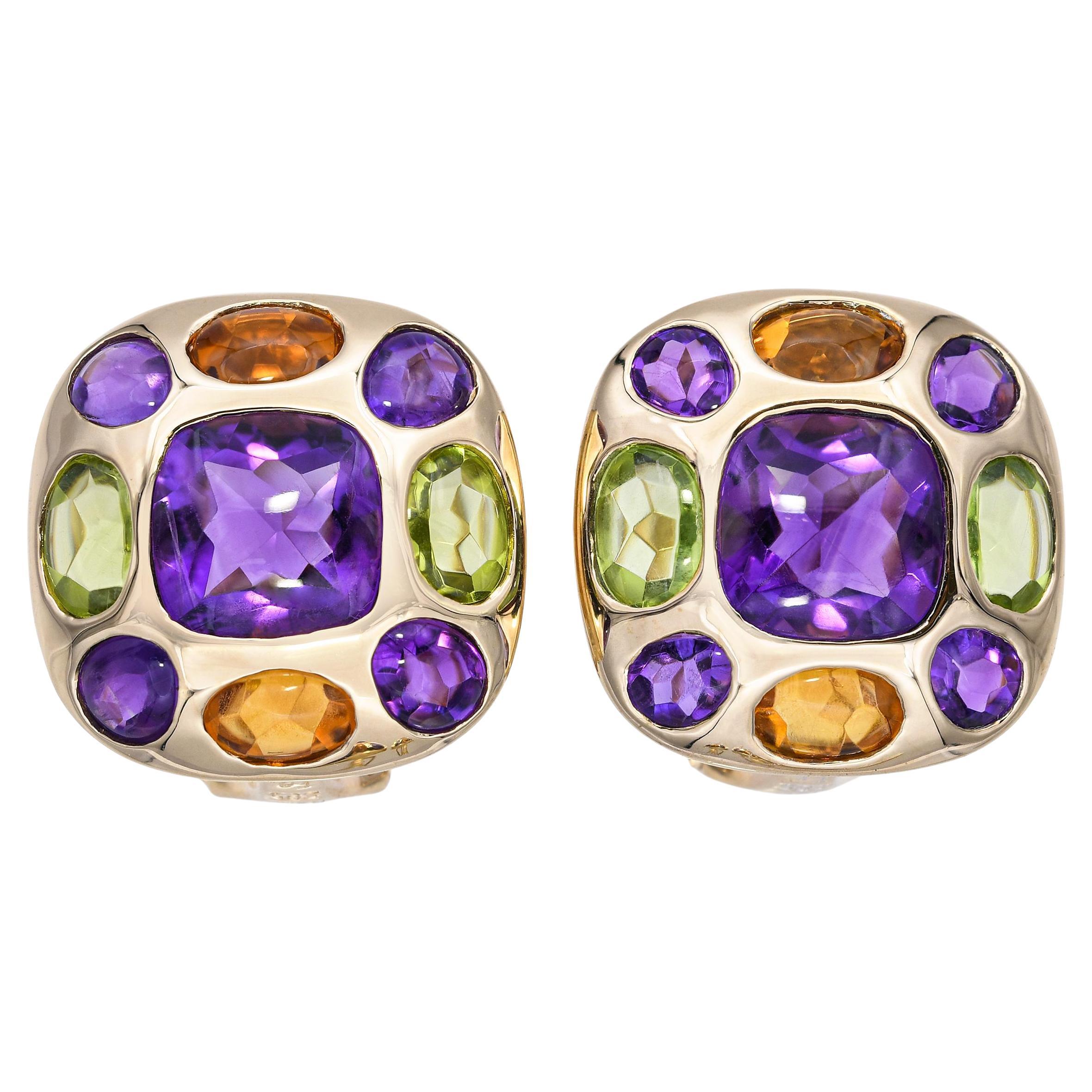Vintage 14k Gold Amethyst Citrine Peridot Omega Back Earrings For Sale