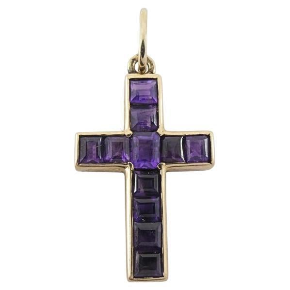 Vintage 14k Gold Amethyst Cross Pendant Charm For Sale