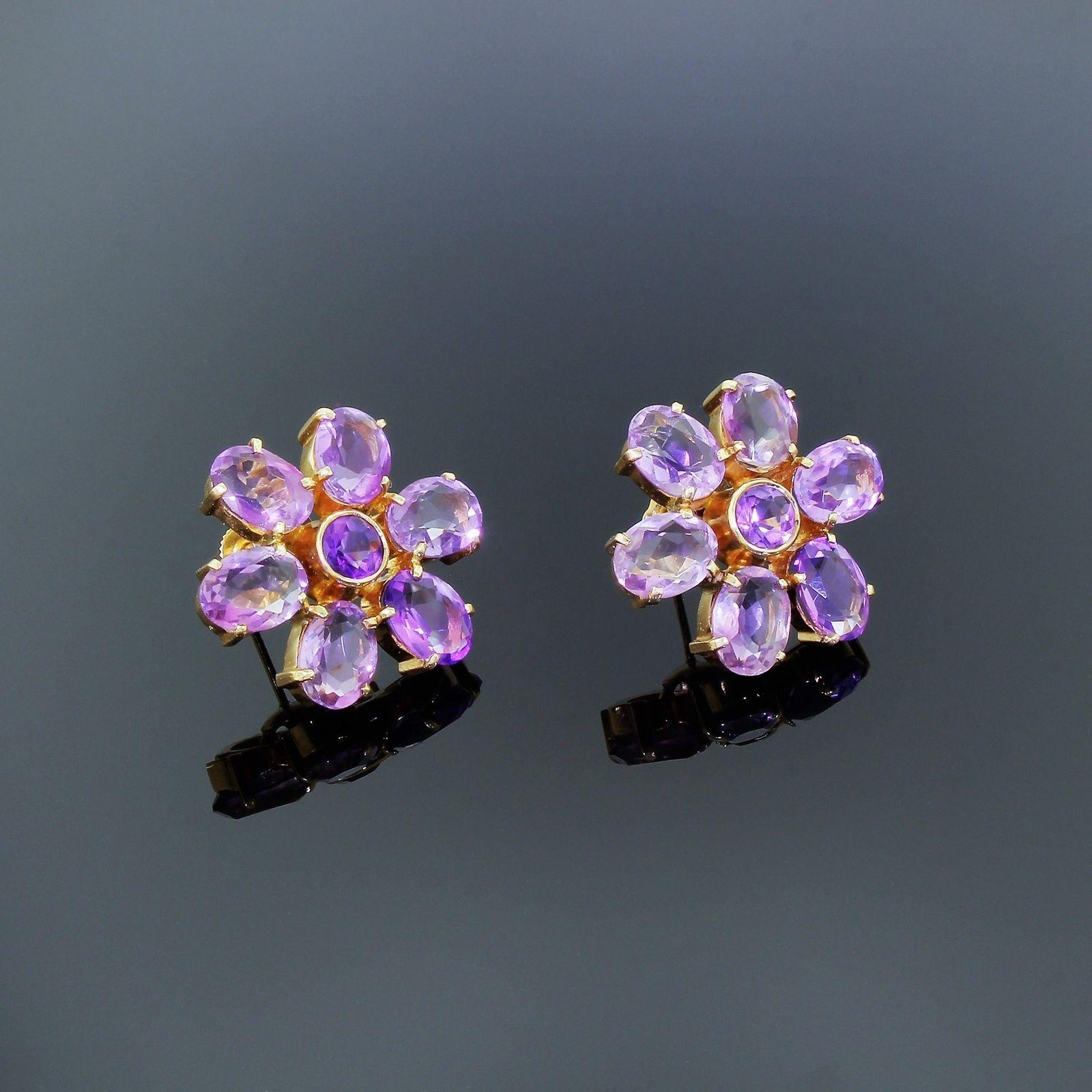 Vintage 14k Gold Amethyst Floral Flower Cluster Earrings 12 Carats 11.3 Grams In Excellent Condition For Sale In Lauderdale by the Sea, FL