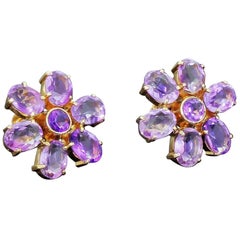 Boucles d'oreilles vintage en or 14 carats avec améthyste en forme de fleur en grappe de 12 carats 11,3 grammes