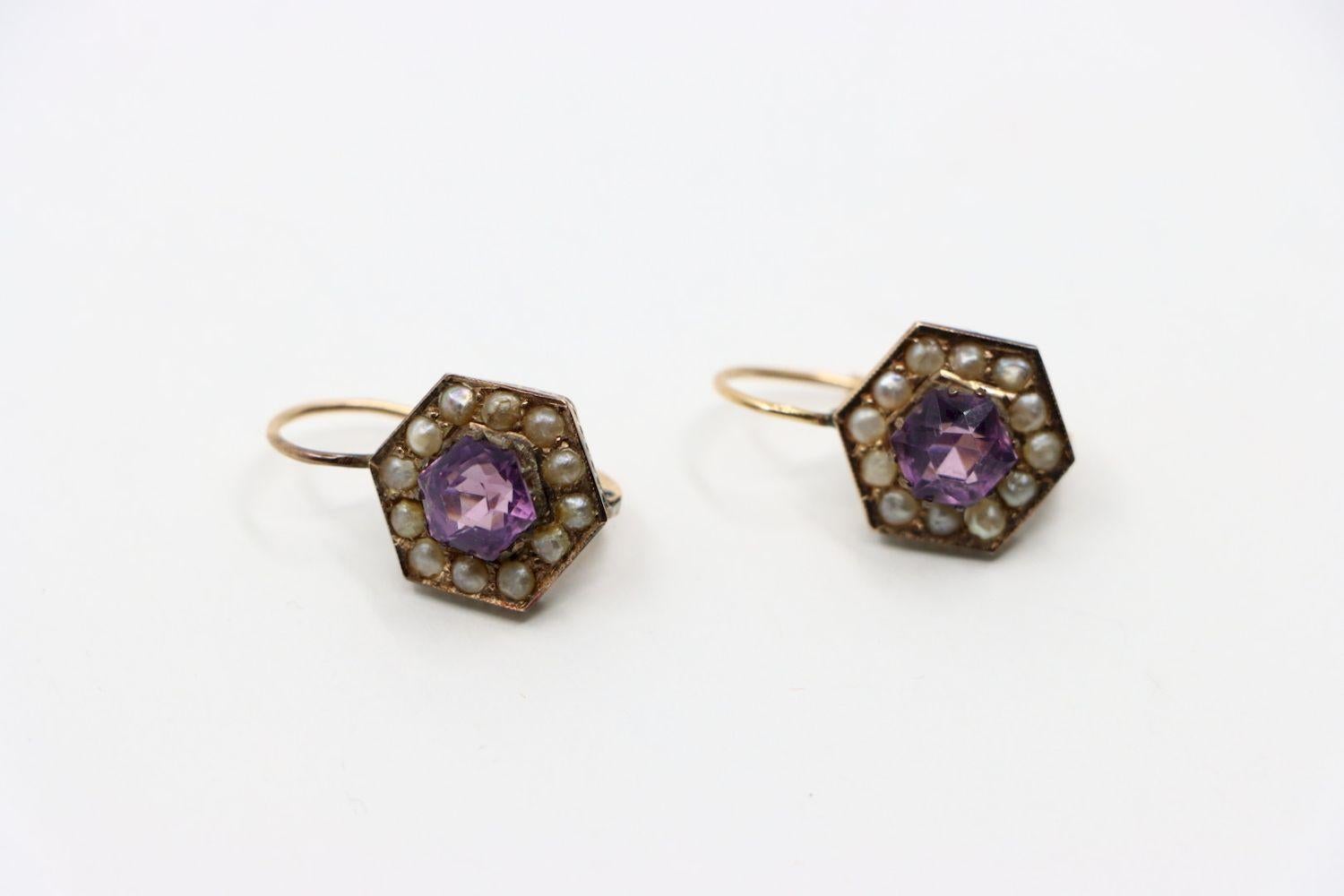 Vintage 14K Gold Amethyst Pearl Earring In Good Condition For Sale In Flushing, NY