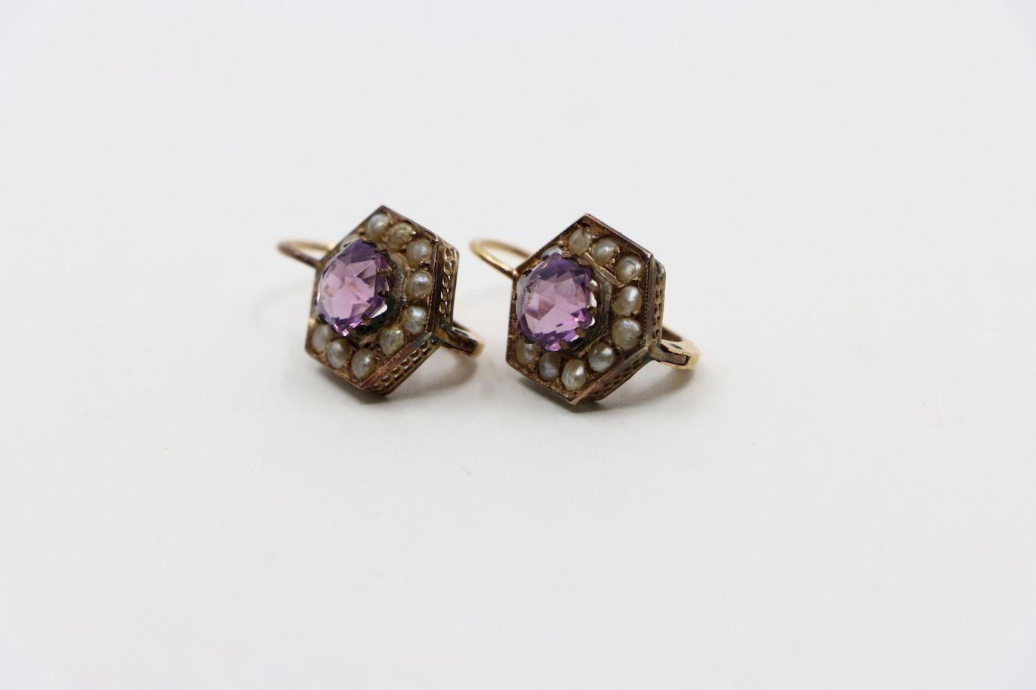 Women's or Men's Vintage 14K Gold Amethyst Pearl Earring For Sale