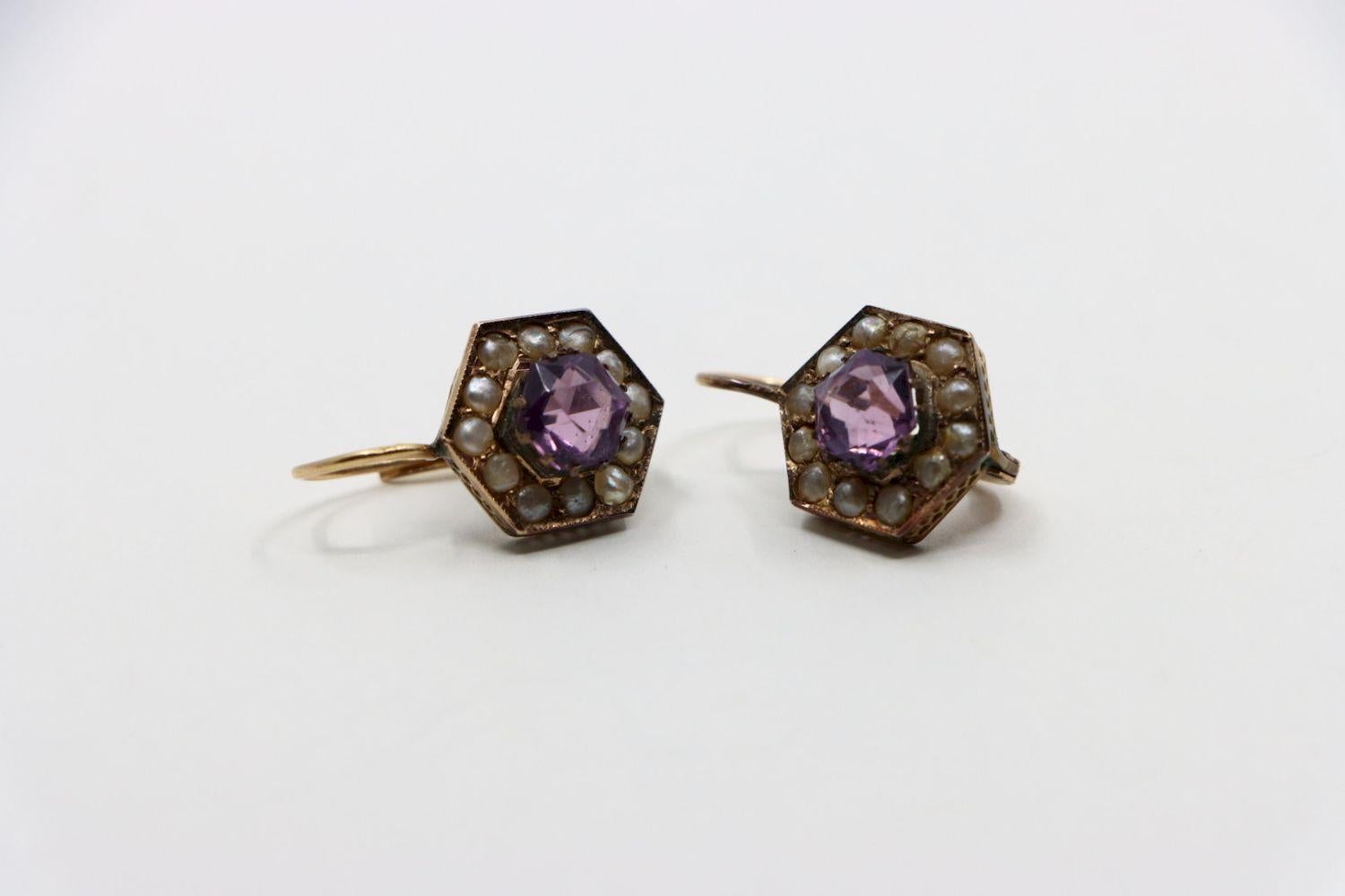Vintage 14K Gold Amethyst Pearl Earring For Sale 2