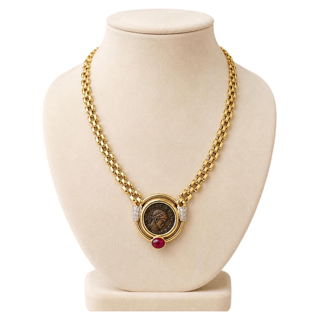 Vintage 14k Gold Ancient Coin w/ Ruby & Diamond Panther Link Chain Necklace For Sale