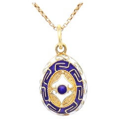 Vintage 14K Gold and Blue & White Enamel Figural Russian Style Egg Charm Pendant