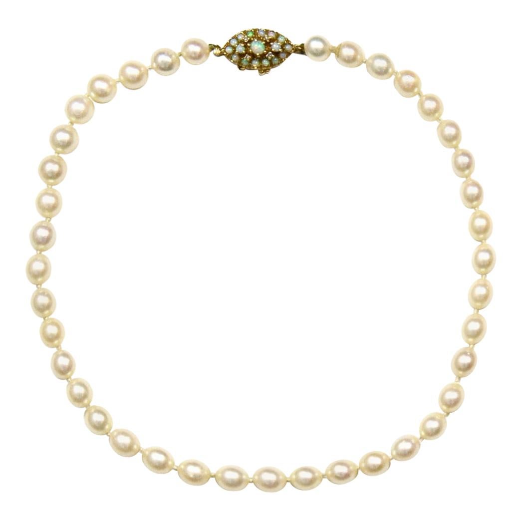 Vintage 14k Gold and Cultured Pearl Necklace with Opal Pendant 