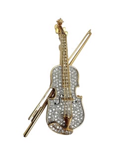Vintage 14K Yellow Gold and Diamond Violin Brooch