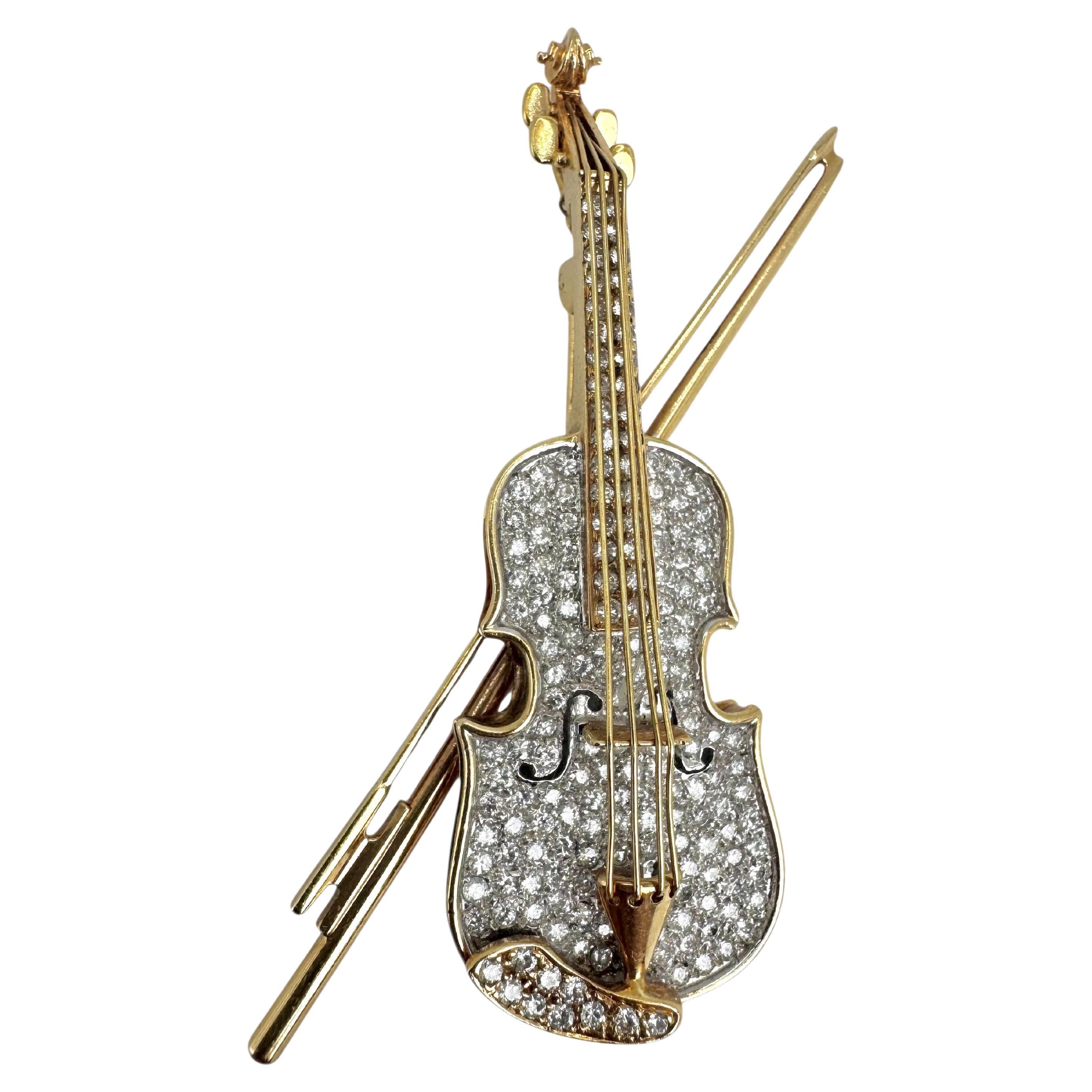 Vintage 14K Gold and Diamond Violin Brooch
