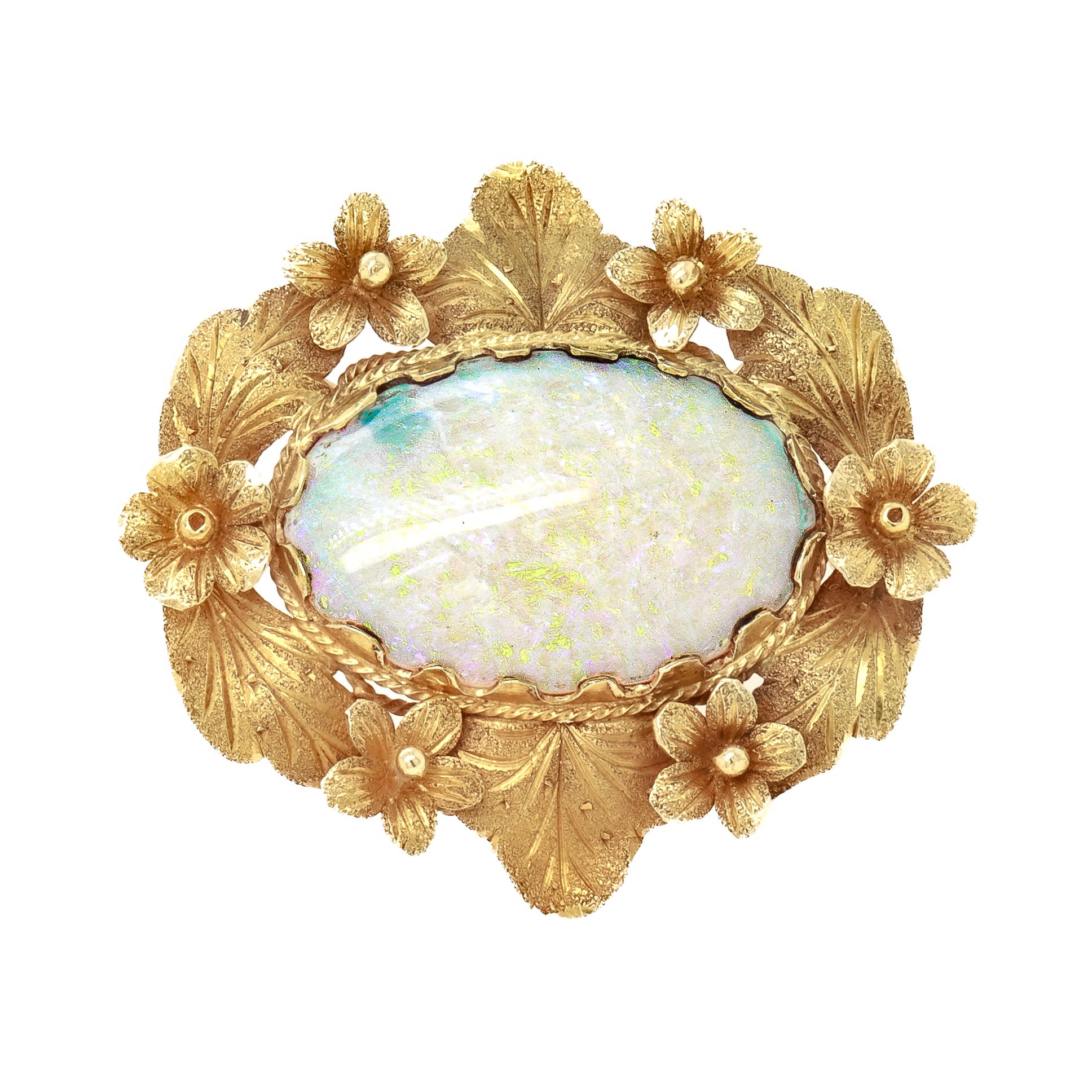 Vintage 14K Gold und Opal Cabochon Floral Brosche für Damen oder Herren im Angebot