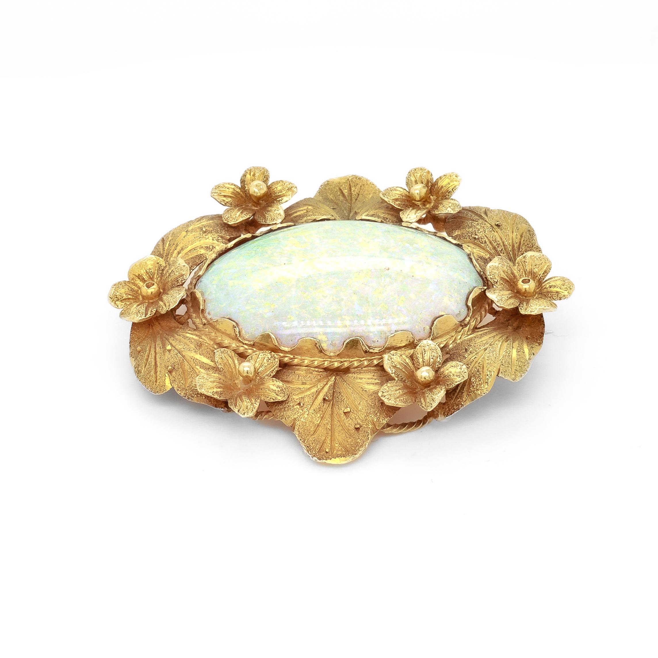 Vintage 14K Gold und Opal Cabochon Floral Brosche im Angebot 1