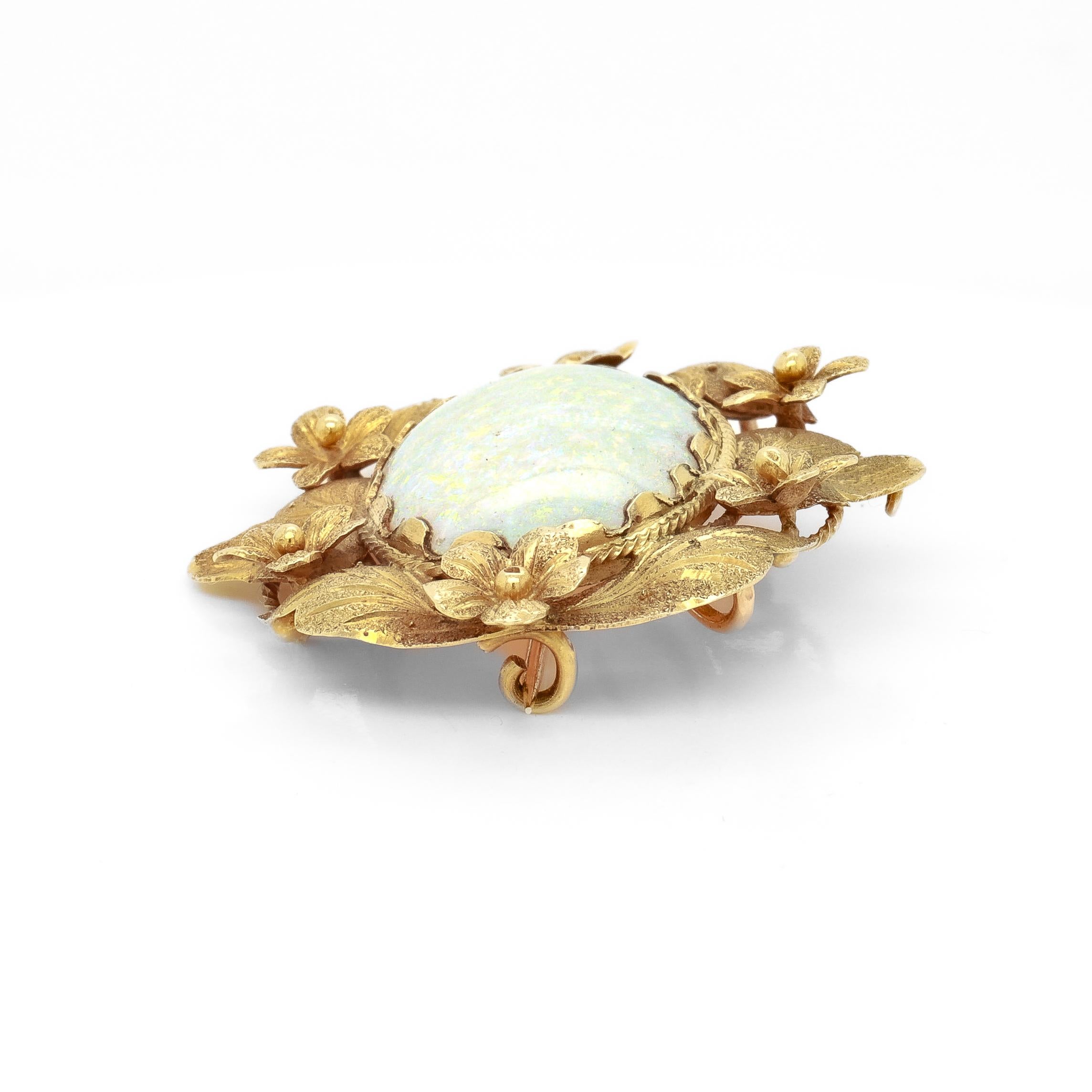 Vintage 14K Gold und Opal Cabochon Floral Brosche im Angebot 2