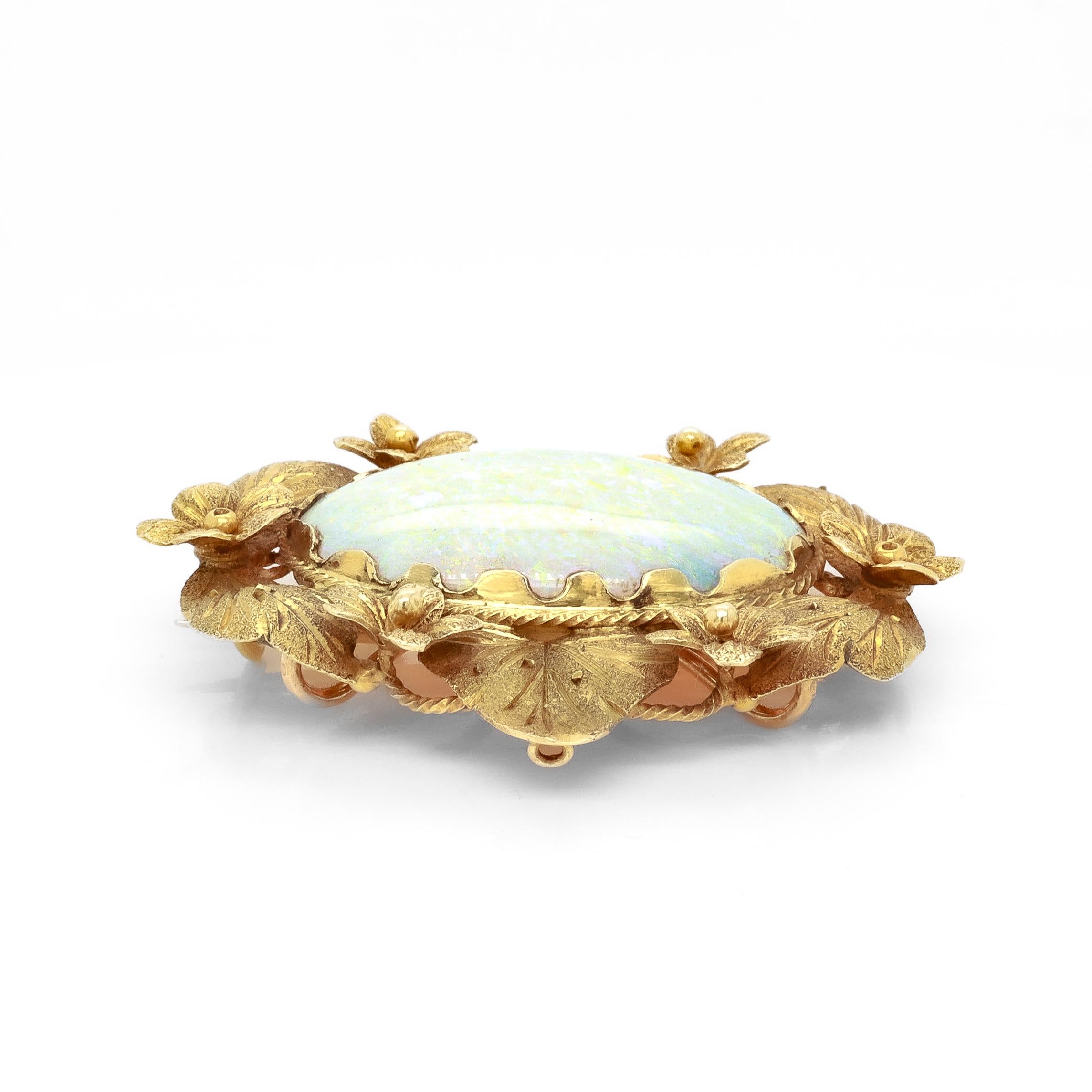 Vintage 14K Gold und Opal Cabochon Floral Brosche im Angebot 3