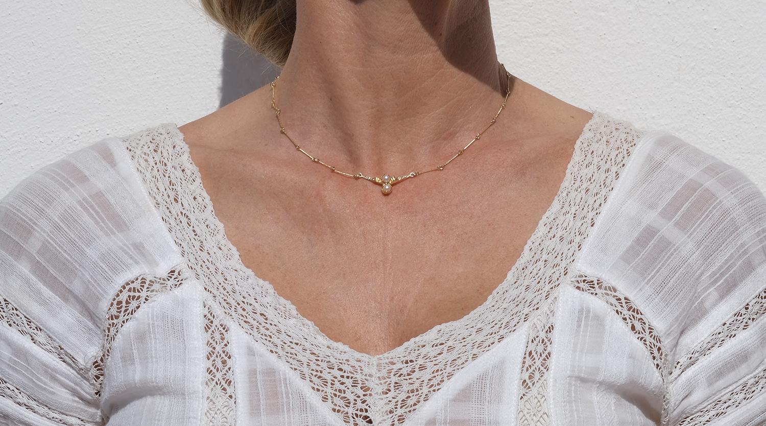 Vintage 14K Gold and Pearl Necklace by Björn Weckström Made 1983 For Sale 2