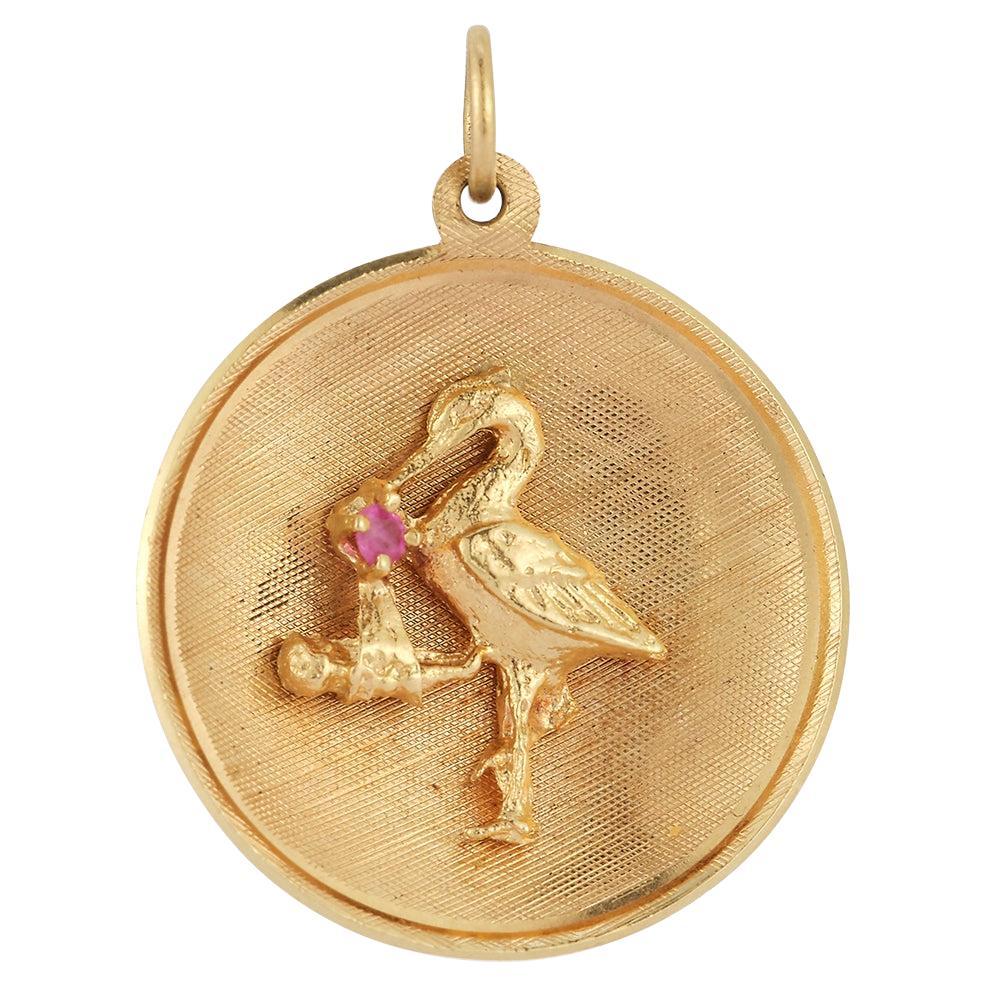 Vintage 14k Gold and Pink Sapphire Stork New Baby Disc Charm For Sale