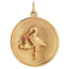 Vintage 14k Gold and Pink Sapphire Stork New Baby Disc Charm