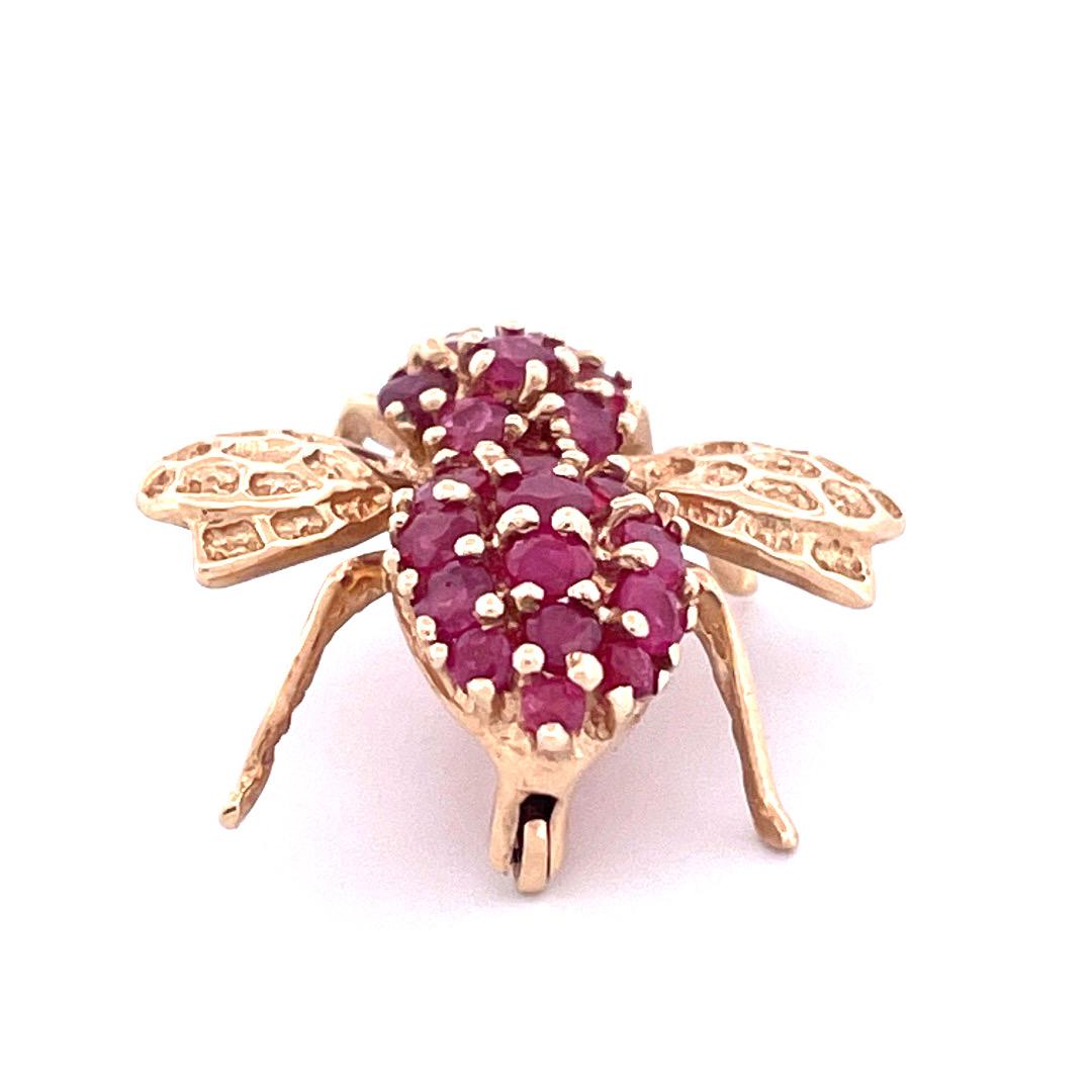 Round Cut Vintage 14K Gold and Ruby Bee Brooch