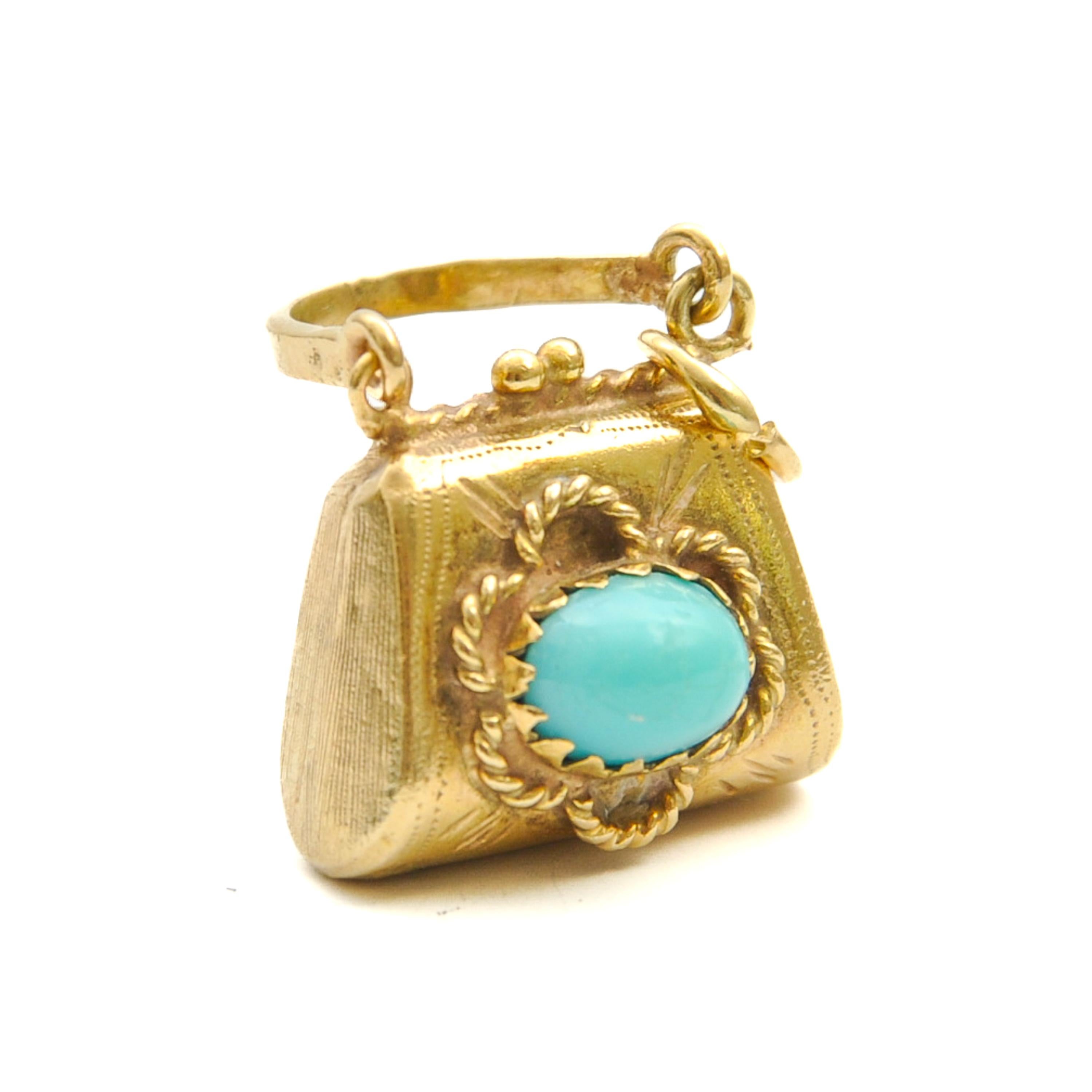 Cabochon Vintage 14K Gold and Turquoise Purse Charm Pendant For Sale