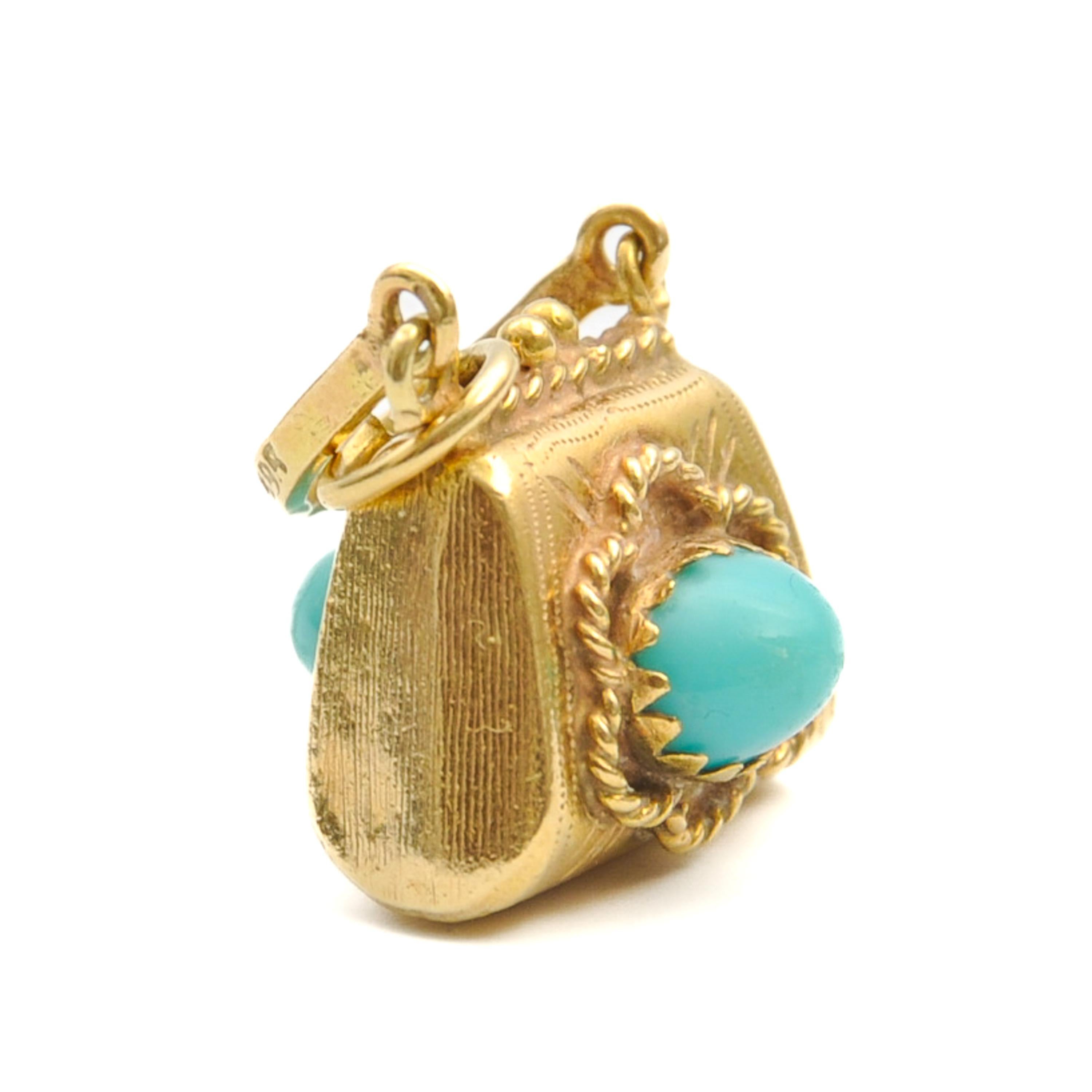 Women's Vintage 14K Gold and Turquoise Purse Charm Pendant For Sale