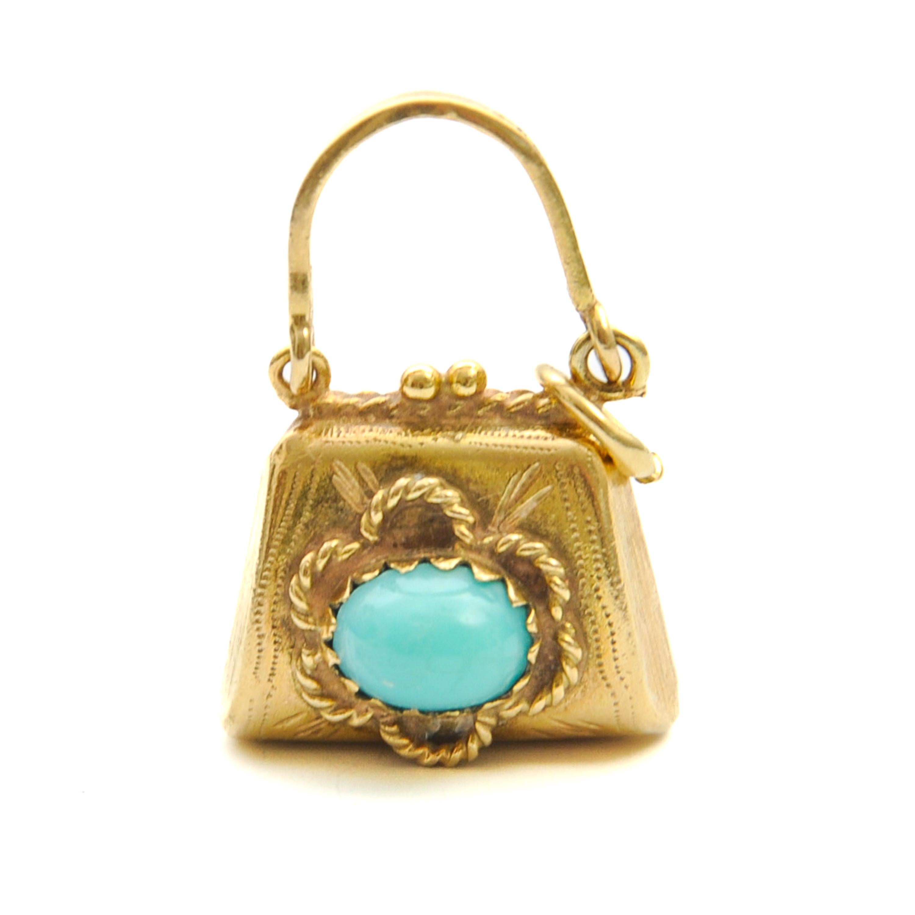 Vintage 14K Gold and Turquoise Purse Charm Pendant For Sale 1