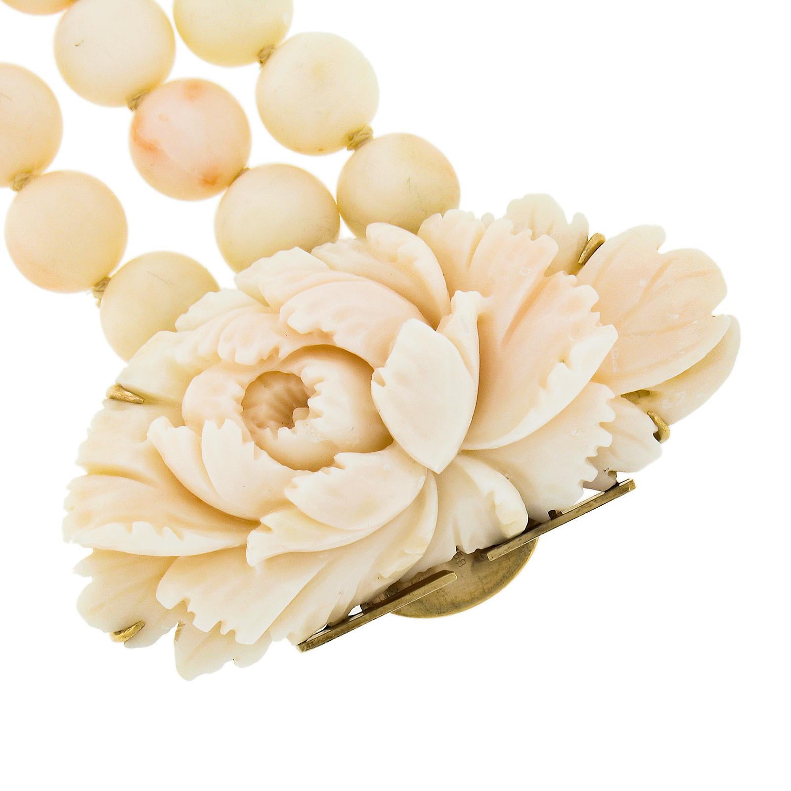 Vintage 14k Gold Angel Skin Coral 3 Strand Bead Bracelet w/ Carved Floral Clasp 6