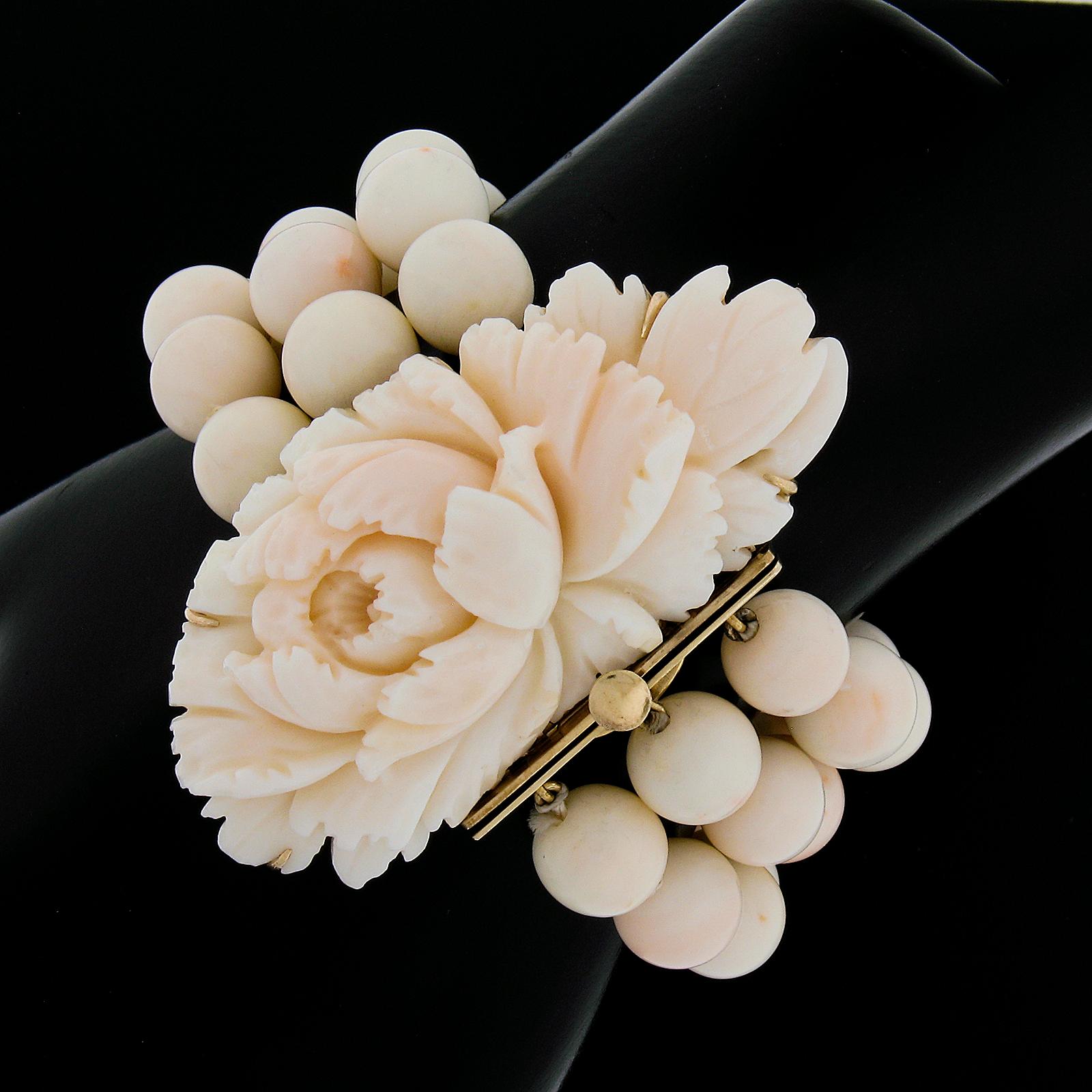 Women's Vintage 14k Gold Angel Skin Coral 3 Strand Bead Bracelet w/ Carved Floral Clasp