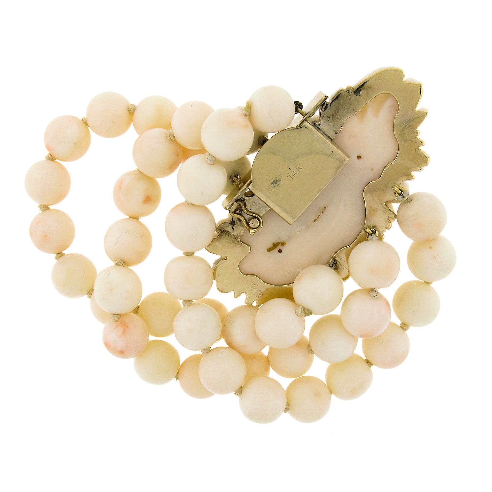 Vintage 14k Gold Angel Skin Coral 3 Strand Bead Bracelet w/ Carved Floral Clasp 1