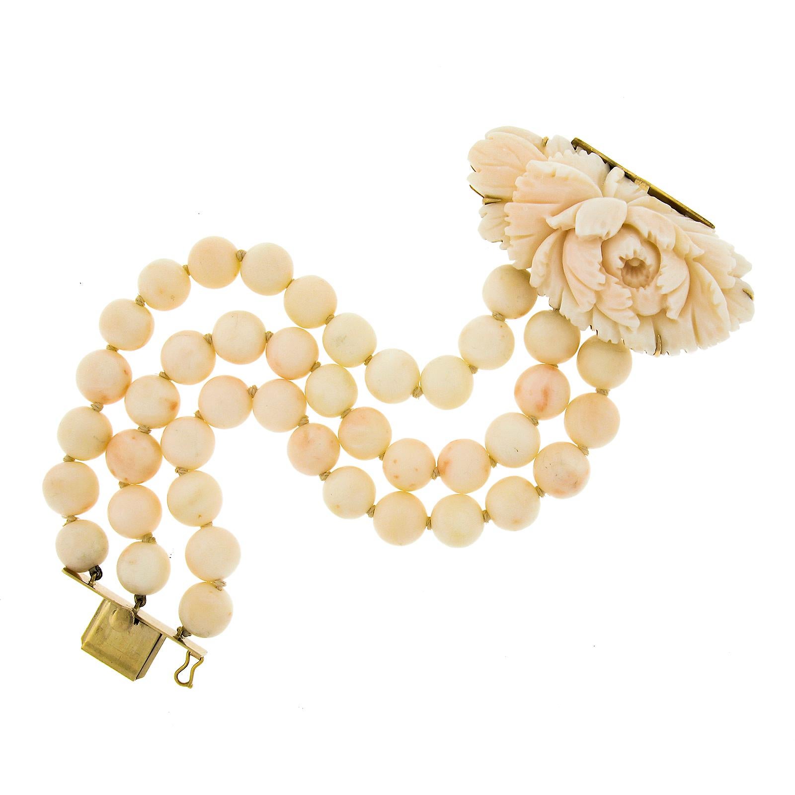 Vintage 14k Gold Angel Skin Coral 3 Strand Bead Bracelet w/ Carved Floral Clasp 2