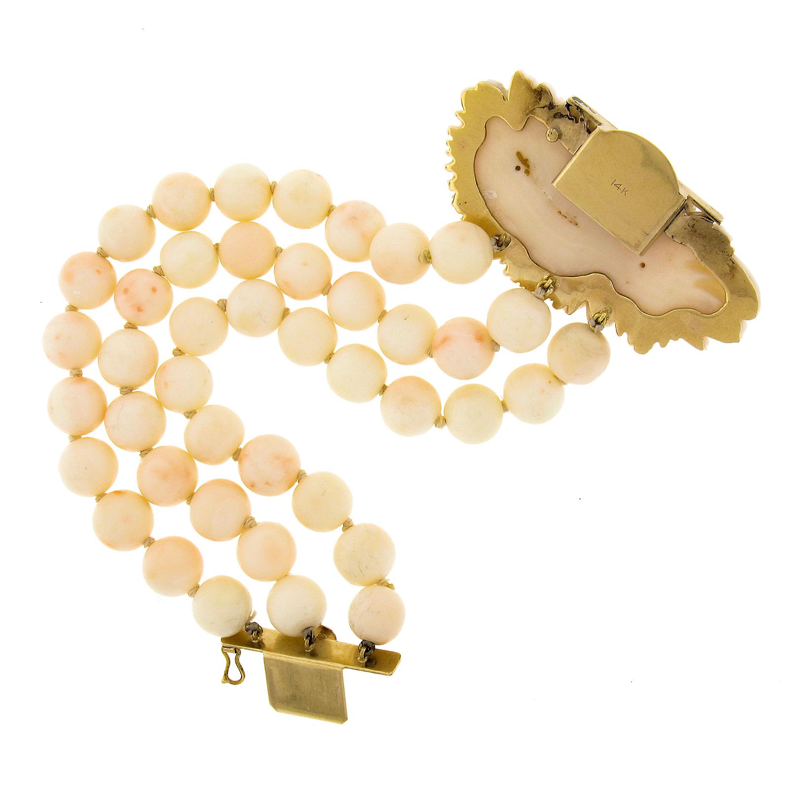 Vintage 14k Gold Angel Skin Coral 3 Strand Bead Bracelet w/ Carved Floral Clasp 3