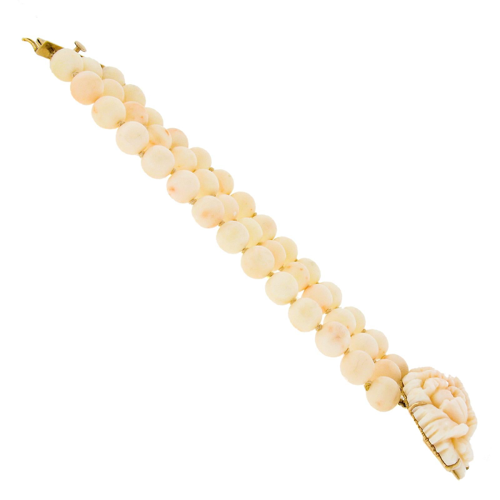 Vintage 14k Gold Angel Skin Coral 3 Strand Bead Bracelet w/ Carved Floral Clasp 4