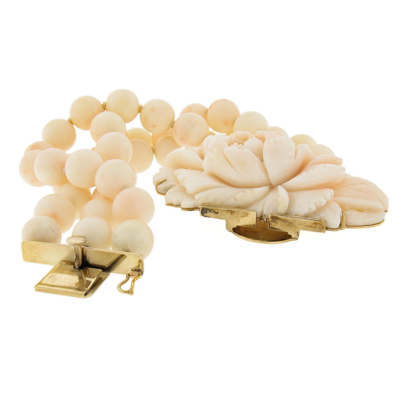 Vintage 14k Gold Angel Skin Coral 3 Strand Bead Bracelet w/ Carved Floral Clasp 5