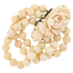 Vintage 14k Gold Angel Skin Coral 3 Strand Bead Bracelet w/ Carved Floral Clasp