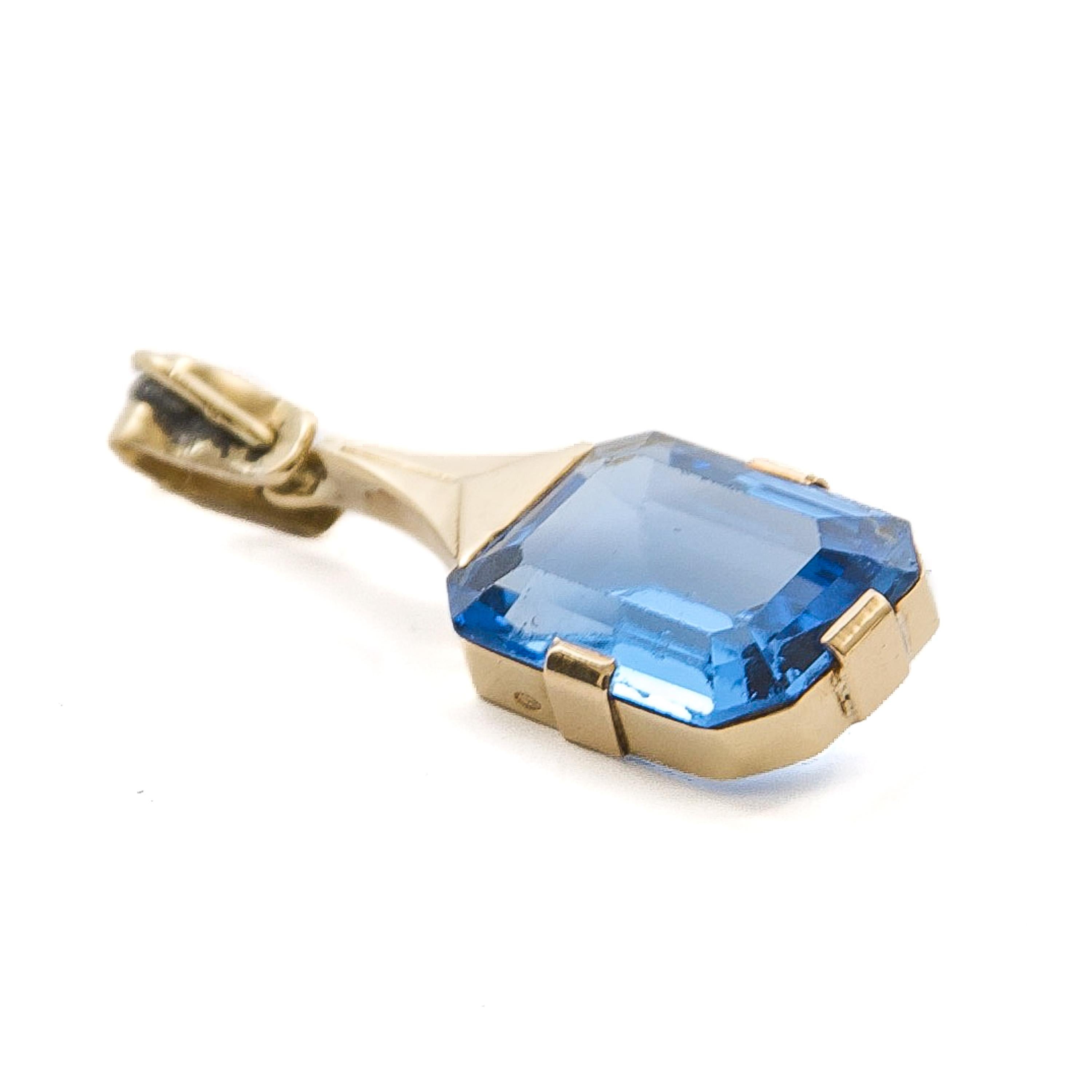 da uomo o donna Ciondolo con pietra di vetro con acquamarina in oro 14K vintage in vendita