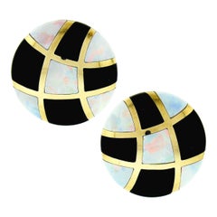 Vintage 14k Gold Asch Grossbardt Inlaid Opal & Black Onyx Round Button Earrings