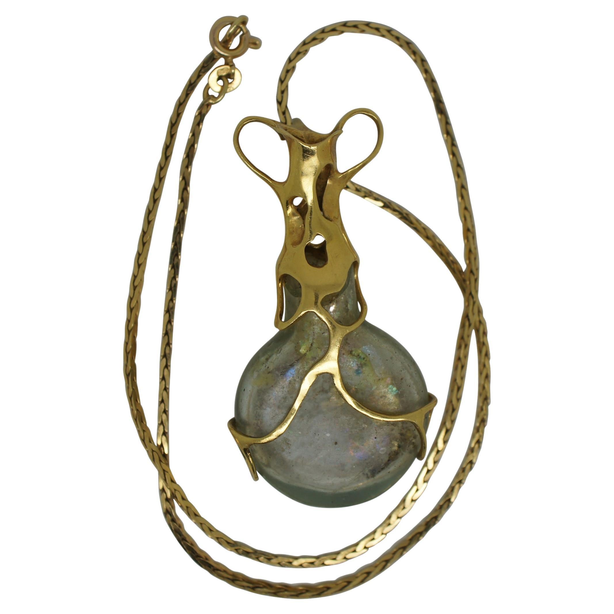 Vintage 14K Gold Aurea Italy Freeform Glass Amulet Jewelry Pendant Necklace