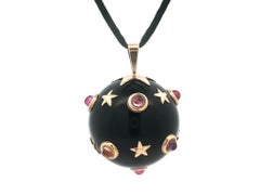 Vintage 14k Gold Ball Black Stone Amethyst & Citrine Sputnik Pendant Silk Cord