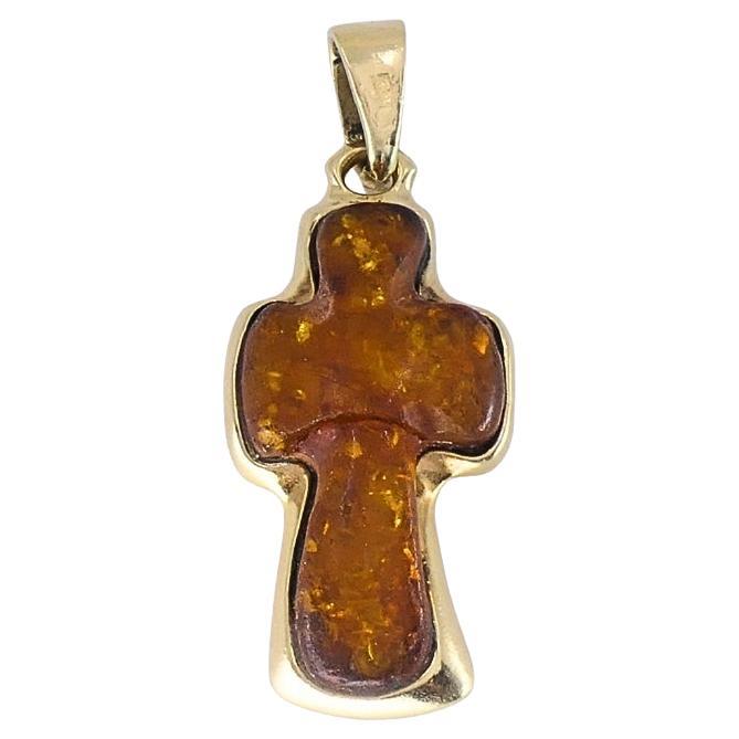 Vintage 14k Gold Baltic Amber Cross Pendant For Sale