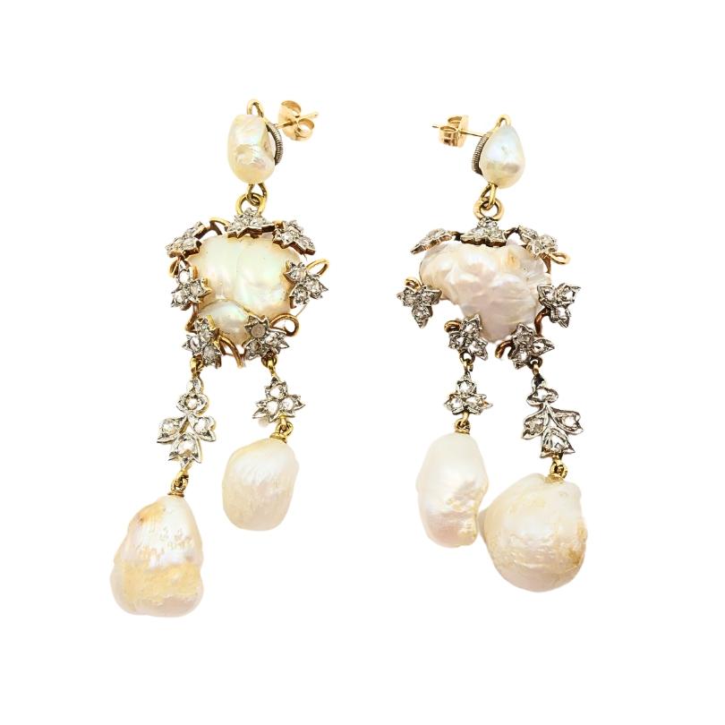 Pendientes Colgantes Barrocos de Oro 14k Perla Diamante Corte mixto en venta