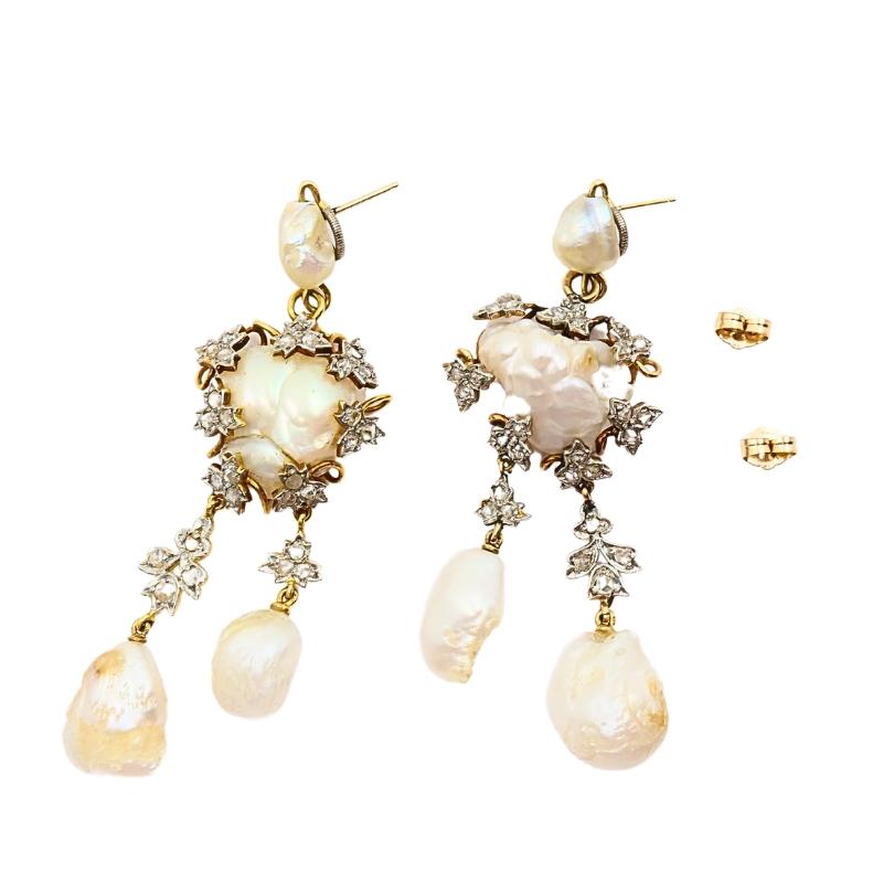 De las mujeres Pendientes Colgantes Barrocos de Oro 14k Perla Diamante en venta