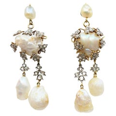 Pendientes Colgantes Barrocos de Oro 14k Perla Diamante