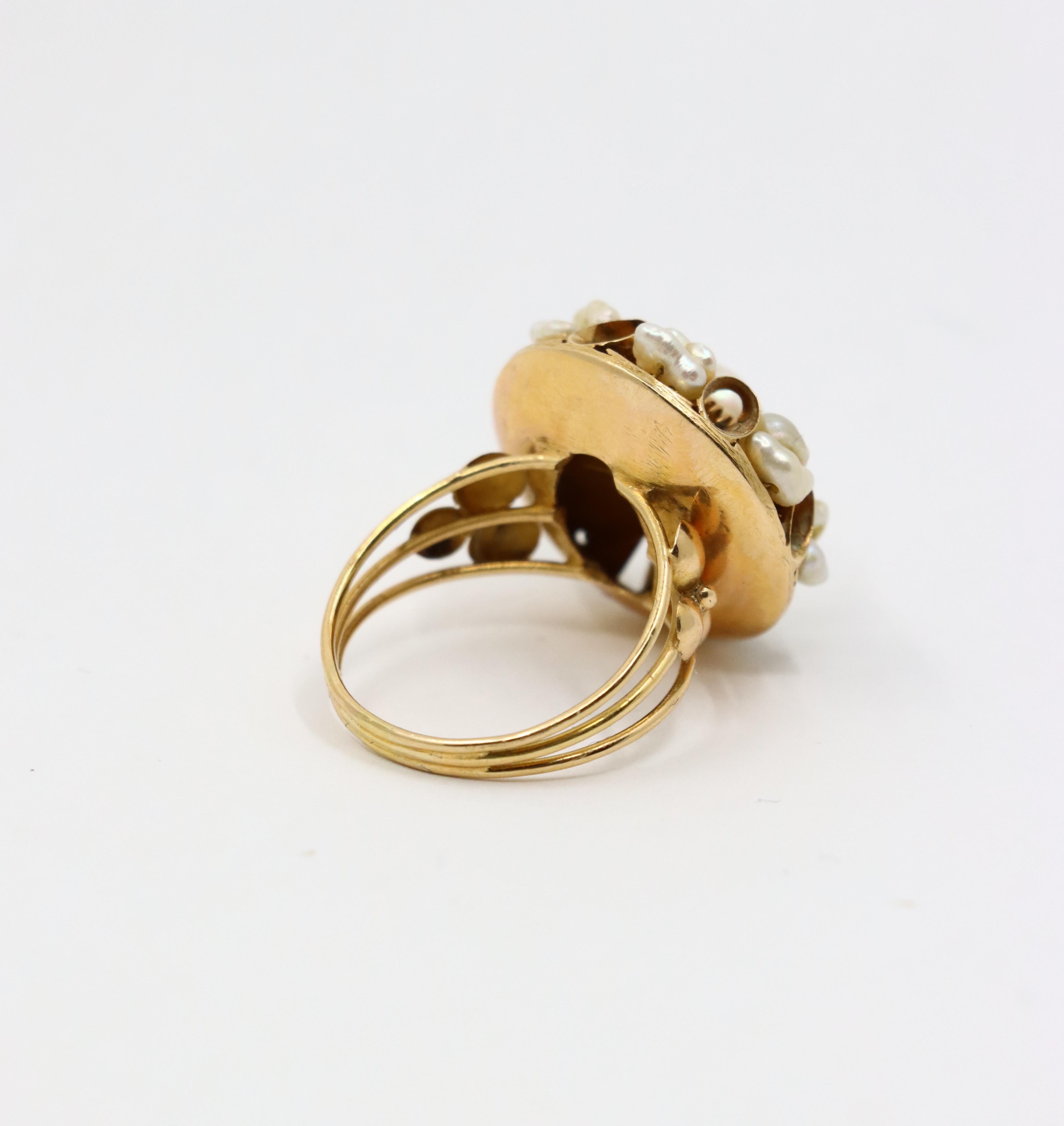 Donna Anello di perle barocche in oro 14K vintage in vendita