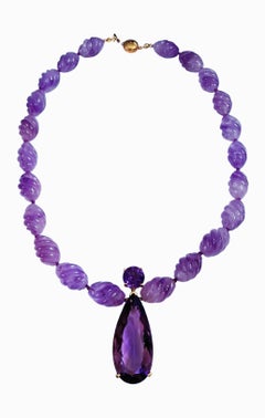 Vintage 14k Gold 276.90 Carat Amethyst Pendant & Diamond Necklace 18 Inches