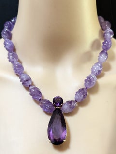 Vintage 14k Gold 276.90 Carat Amethyst Pendant & Diamond Necklace 18 Inches