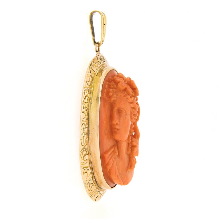 Vintage 14k Gold Bezel Oval Carved Coral Cameo w/ Hand Engraved Frame